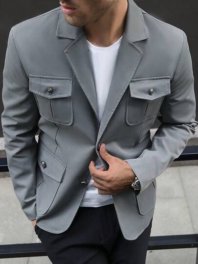 Manfinity Homme جاكيت كاجوال أكمام طويلة ذات طوق طويل للرجال، ذات لون واحد مناسبة للربيع والخريف