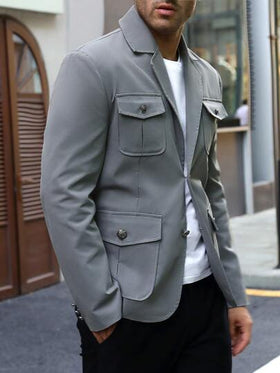 Manfinity Homme جاكيت كاجوال أكمام طويلة ذات طوق طويل للرجال، ذات لون واحد مناسبة للربيع والخريف