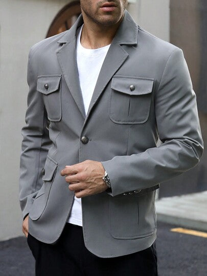 Manfinity Homme جاكيت كاجوال أكمام طويلة ذات طوق طويل للرجال، ذات لون واحد مناسبة للربيع والخريف
