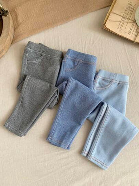 SHEIN LMoss Kids 3 قطع مجموعة سراويل متماسكة ذات خصر مطاطي مضفر للبنات الصغار من LMoss، مناسبة للخريف والشتاء