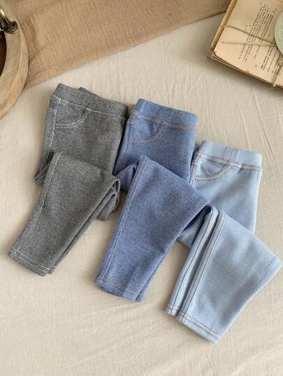 SHEIN LMoss Kids 3 قطع مجموعة سراويل متماسكة ذات خصر مطاطي مضفر للبنات الصغار من LMoss، مناسبة للخريف والشتاء