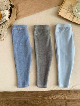 SHEIN LMoss Kids 3 قطع مجموعة سراويل متماسكة ذات خصر مطاطي مضفر للبنات الصغار من LMoss، مناسبة للخريف والشتاء