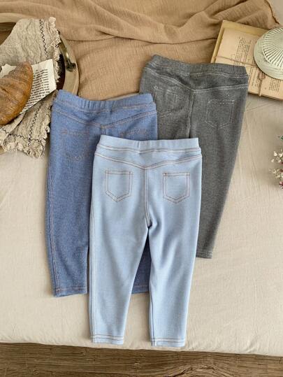 SHEIN LMoss Kids 3 قطع مجموعة سراويل متماسكة ذات خصر مطاطي مضفر للبنات الصغار من LMoss، مناسبة للخريف والشتاء