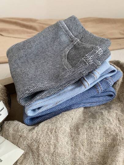 SHEIN LMoss Kids 3 قطع مجموعة سراويل متماسكة ذات خصر مطاطي مضفر للبنات الصغار من LMoss، مناسبة للخريف والشتاء