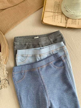 SHEIN LMoss Kids 3 قطع مجموعة سراويل متماسكة ذات خصر مطاطي مضفر للبنات الصغار من LMoss، مناسبة للخريف والشتاء