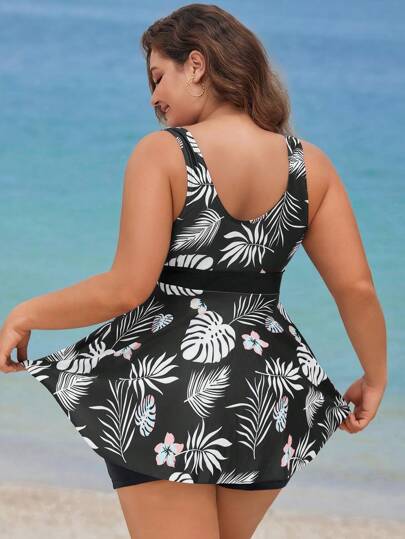 Swim Lushoire مجموعة توب بلا أكمام مطبوع بالزهور وبلوزة عليها + قطعة أسفل من مايوه للصيف، للمقاسات الكبيرة