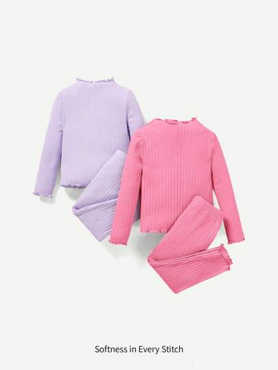 Cozy Pixies طقم كاجوال 2 قطعة ملابس علوية رقبة طاقم مكشكشة الأكمام وبنطلون للبنات الصغار
