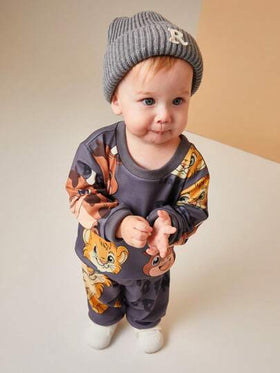 SHEIN Playful Pals طقم ملابس للأطفال الصغار, غير متماثل, مطبوع برسومات الأسد والوحيد القرن, متميز بتصاميم مبهجة للأسد والوحيد القرن على قماش ناعم ومريح, للارتداء الفريد والمرح