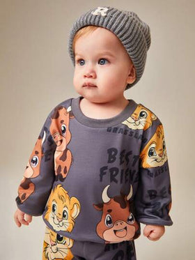 SHEIN Playful Pals طقم ملابس للأطفال الصغار, غير متماثل, مطبوع برسومات الأسد والوحيد القرن, متميز بتصاميم مبهجة للأسد والوحيد القرن على قماش ناعم ومريح, للارتداء الفريد والمرح
