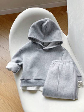SHEIN طقم من قطعتين ملابس داخلية فضفاضة للأولاد والبنات مع شعار مطبوع وبنطلون كاجوال، مناسب للمدرسة والمنزل والخارج، رمادي وأبيض، خريف وشتاء