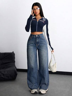 SHEIN ICON جينز واسع الساق كاجوال مغسول بالماء ممزق وذو جيوب للنساء في فصل الخريف