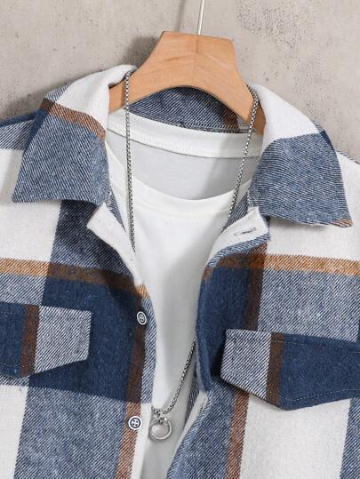 SHEIN Casuvi Kids شاكيت فانيلي مربع سميك للمراهقين الأولاد للرياضة والارتداء اليومي العصري، خريف وشتاء