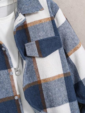 SHEIN Casuvi Kids شاكيت فانيلي مربع سميك للمراهقين الأولاد للرياضة والارتداء اليومي العصري، خريف وشتاء