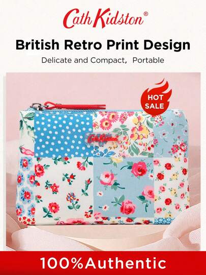 CATH KIDSTON حقيبة مستحضرات تجميل بطراز ريتري بخطوط زهور من علامة كاث كيدستون البريطانية ، منظم سفر للنساء ، حقيبة مكياج صغيرة قابلة للطي ، حقيبة منظم حمامات للسفر، هدايا ضروريات، أكسسوارات مزودة بسوستة
