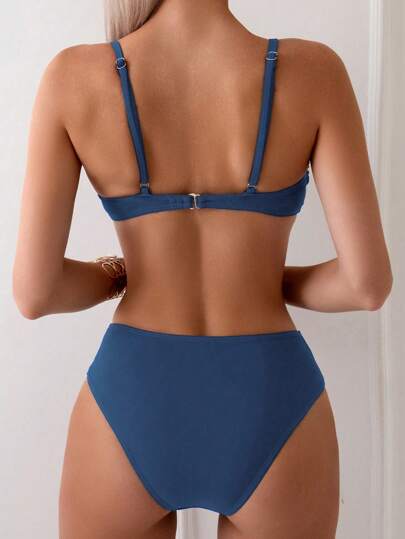 Swim Chiccia مجموعة بكيني سباحة للنساء صيفية بنقشة لون واحد مكشكشة وجذابة