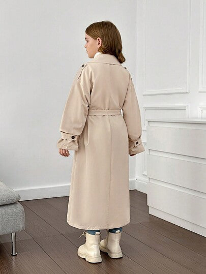SHEIN معطف طويل غير مربوط ذو ياقة مفرودة للفتيات المراهقات، بطراز عسكري كاجوال، للتنقل والأنشطة الخارجية
