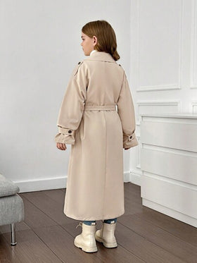 SHEIN معطف طويل غير مربوط ذو ياقة مفرودة للفتيات المراهقات، بطراز عسكري كاجوال، للتنقل والأنشطة الخارجية