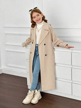 SHEIN معطف طويل غير مربوط ذو ياقة مفرودة للفتيات المراهقات، بطراز عسكري كاجوال، للتنقل والأنشطة الخارجية