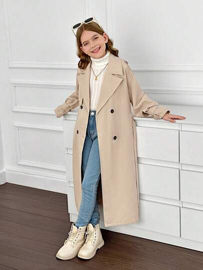 SHEIN معطف طويل غير مربوط ذو ياقة مفرودة للفتيات المراهقات، بطراز عسكري كاجوال، للتنقل والأنشطة الخارجية