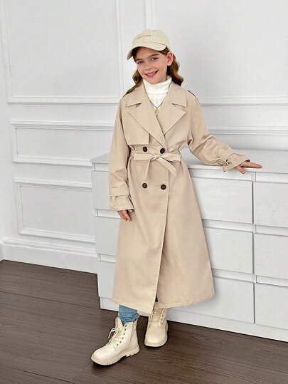 SHEIN معطف طويل غير مربوط ذو ياقة مفرودة للفتيات المراهقات، بطراز عسكري كاجوال، للتنقل والأنشطة الخارجية