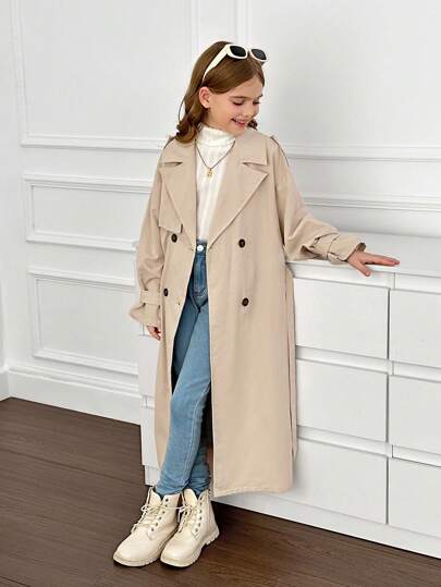 SHEIN معطف طويل غير مربوط ذو ياقة مفرودة للفتيات المراهقات، بطراز عسكري كاجوال، للتنقل والأنشطة الخارجية