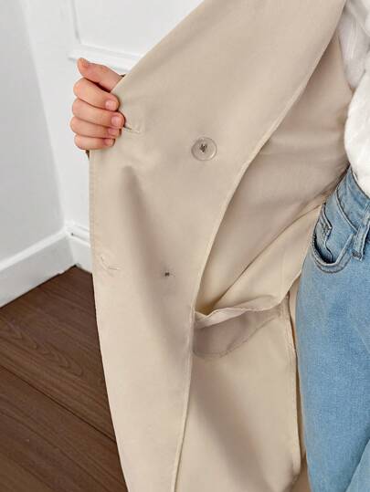 SHEIN معطف طويل غير مربوط ذو ياقة مفرودة للفتيات المراهقات، بطراز عسكري كاجوال، للتنقل والأنشطة الخارجية