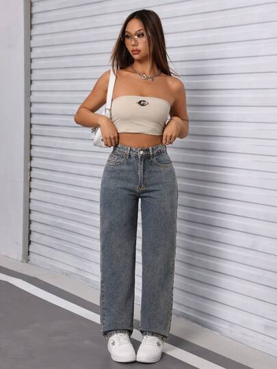 PETITE جينز نسائي مستقيم الساق بجيوب مائلة كاجوال خريفي