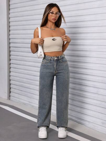 PETITE جينز نسائي مستقيم الساق بجيوب مائلة كاجوال خريفي