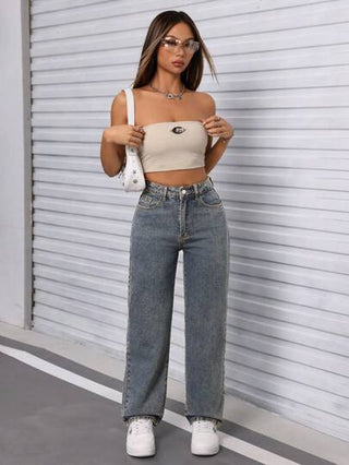 PETITE جينز نسائي مستقيم الساق بجيوب مائلة كاجوال خريفي