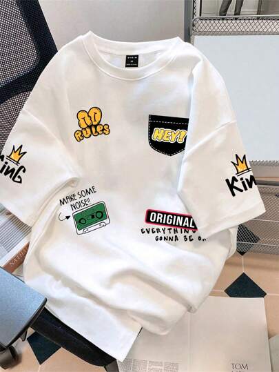 Claim Dot تيشيرت بجرافيك بطباعة شعارات ورسوم كرتونية مضحكة، قصير الأكمام، فضفاض الشكل للرجال للخروج مع الأصدقاء