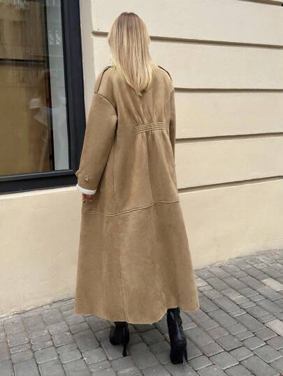 SHEIN Essnce معطف طويل نسائي مبطن بطبقة عازلة للحرارة، بني/كاكي، ملابس نسائية للخريف، ملابس نسائية، معطف، معطف أمريكي ريترو، معطف كاجوال رياضي فاخر، ملابس نسائية شتوية، فستان طويل للخريف