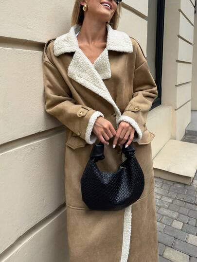 SHEIN Essnce معطف طويل نسائي مبطن بطبقة عازلة للحرارة، بني/كاكي، ملابس نسائية للخريف، ملابس نسائية، معطف، معطف أمريكي ريترو، معطف كاجوال رياضي فاخر، ملابس نسائية شتوية، فستان طويل للخريف