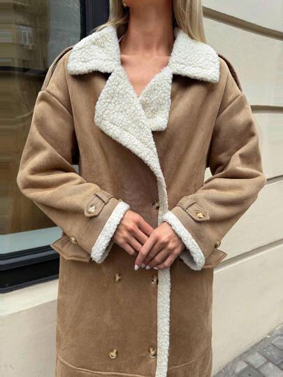 SHEIN Essnce معطف طويل نسائي مبطن بطبقة عازلة للحرارة، بني/كاكي، ملابس نسائية للخريف، ملابس نسائية، معطف، معطف أمريكي ريترو، معطف كاجوال رياضي فاخر، ملابس نسائية شتوية، فستان طويل للخريف
