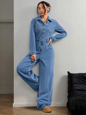 SHEIN EZwear معطف وبدلة قماش جينز مغسول كاجوال للسيدات لفصلي الخريف والشتاء ذو أكمام طويلة