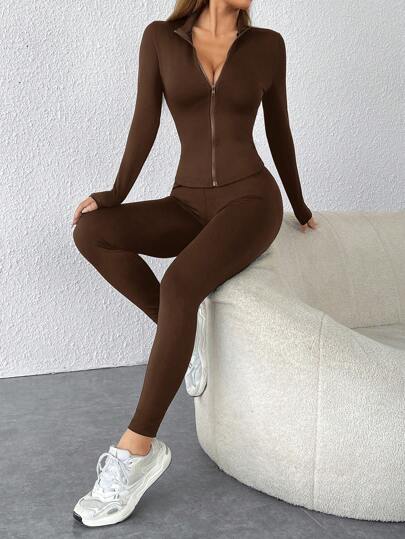 SHEIN PETITE طقم رياضي قطعتين أسود، جاكيت مزودة بسحاب وسروال ضيق