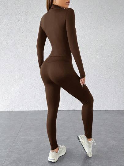 SHEIN PETITE طقم رياضي قطعتين أسود، جاكيت مزودة بسحاب وسروال ضيق