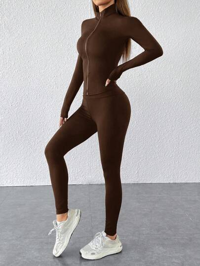 SHEIN PETITE طقم رياضي قطعتين أسود، جاكيت مزودة بسحاب وسروال ضيق