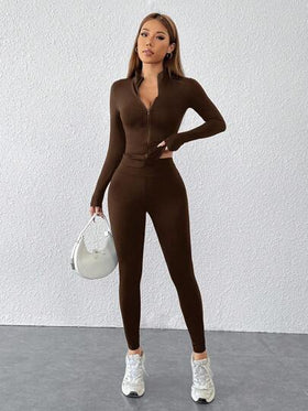 SHEIN PETITE طقم رياضي قطعتين أسود، جاكيت مزودة بسحاب وسروال ضيق