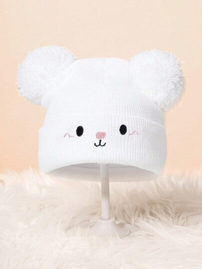 قبعة مكروهة النسيج الأبيض Y2k بتصميم Pom Pom & Bear Ear ,مثالية للرياضات الخارجية واليومية ، قبعة شتوية دافئة للأولاد والفتيات الرضع