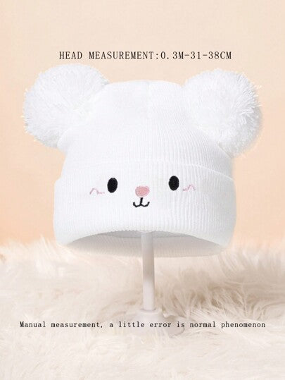 قبعة مكروهة النسيج الأبيض Y2k بتصميم Pom Pom & Bear Ear ,مثالية للرياضات الخارجية واليومية ، قبعة شتوية دافئة للأولاد والفتيات الرضع
