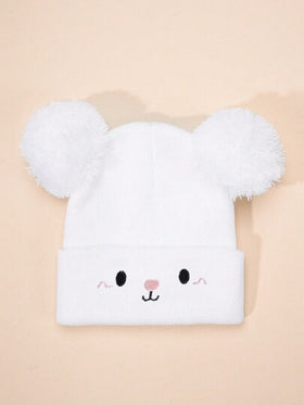قبعة مكروهة النسيج الأبيض Y2k بتصميم Pom Pom & Bear Ear ,مثالية للرياضات الخارجية واليومية ، قبعة شتوية دافئة للأولاد والفتيات الرضع