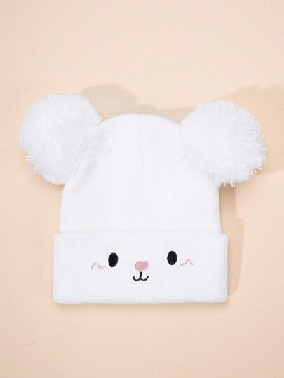 قبعة مكروهة النسيج الأبيض Y2k بتصميم Pom Pom & Bear Ear ,مثالية للرياضات الخارجية واليومية ، قبعة شتوية دافئة للأولاد والفتيات الرضع