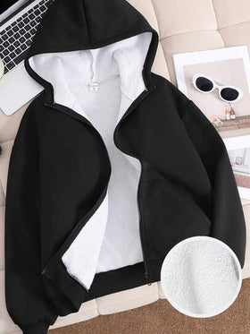 SHEIN بلوزة هودي شتوية مبطنة ذات جيوب للمراهقات بلون أحادي، راسيه وفضفاضة للاستعمال اليومي