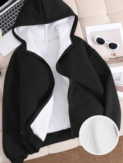SHEIN بلوزة هودي شتوية مبطنة ذات جيوب للمراهقات بلون أحادي، راسيه وفضفاضة للاستعمال اليومي