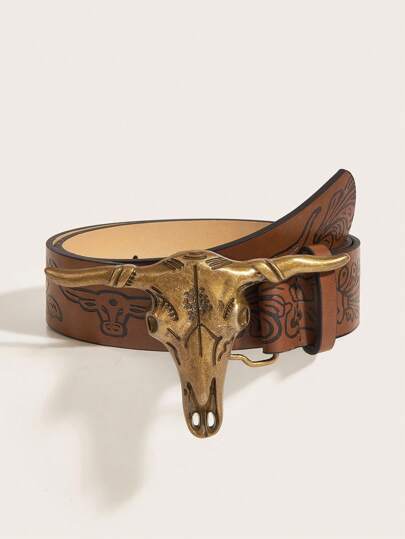 ROMWE Grunge Punk 1 قطعة حزام جلد مطبوع بإبزيم غربي كاوبوي ذهبي قديم بطراز عتيق للنساء، للارتداء اليومي في الصيف والمدرسة والخريف وعيد الهالوين