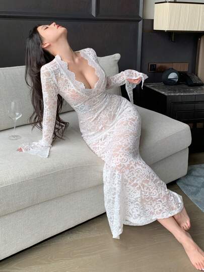DAZY فستان ليلي ماكسي ضيق شفاف من الدانتيل للفالنتاين رمضان