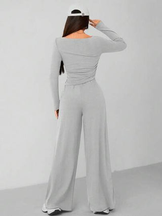 SHEIN PETITE طقم قطعتين كاجوال ومريح للمنزل من السراويل ذات الساق الواسعة وأعلى مضلع للنساء في الخريف والشتاء باللون الرمادي الداكن