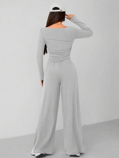 SHEIN PETITE طقم قطعتين كاجوال ومريح للمنزل من السراويل ذات الساق الواسعة وأعلى مضلع للنساء في الخريف والشتاء باللون الرمادي الداكن