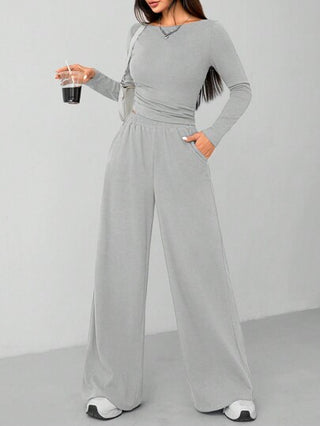 SHEIN PETITE طقم قطعتين كاجوال ومريح للمنزل من السراويل ذات الساق الواسعة وأعلى مضلع للنساء في الخريف والشتاء باللون الرمادي الداكن