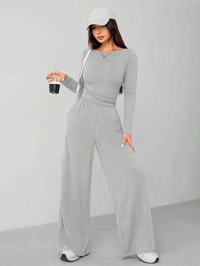 SHEIN PETITE طقم قطعتين كاجوال ومريح للمنزل من السراويل ذات الساق الواسعة وأعلى مضلع للنساء في الخريف والشتاء باللون الرمادي الداكن